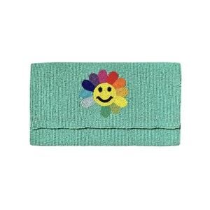 Boutique Teal Smiley Rainbow Color Block Seed‎ Beaded Clutch / Crossbody Bag